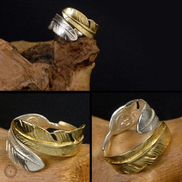 Bague argentée ornée d'une plume, style western distinctif