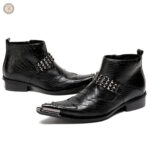 Bottines Cowboy Homme en cuir noir, design gravé élégant