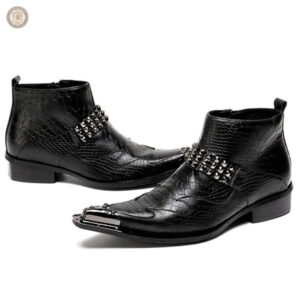 Bottines Cowboy Homme en cuir noir, design gravé élégant