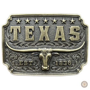 Boucle de ceinture en métal représentant l'État du Texas