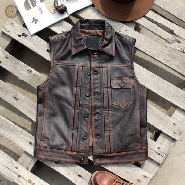 Gilet sans manches en cuir pour style cowboy
