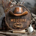 Accessoire western en bois avec inscription "Bienvenue