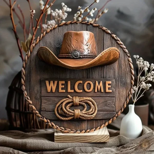 Accessoire western en bois avec inscription "Bienvenue