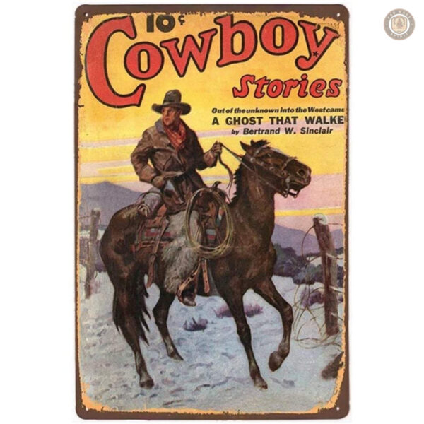 Plaque métal vintage Cowboy Stories décorative