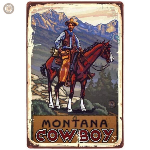 Plaque Métal Vintage Montana Cowboy décorative