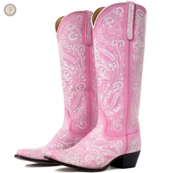 Bottes femme en cuir, style cowboy rose