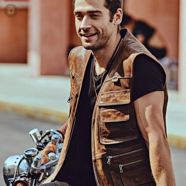 Veste western masculine, sans manches en cuir