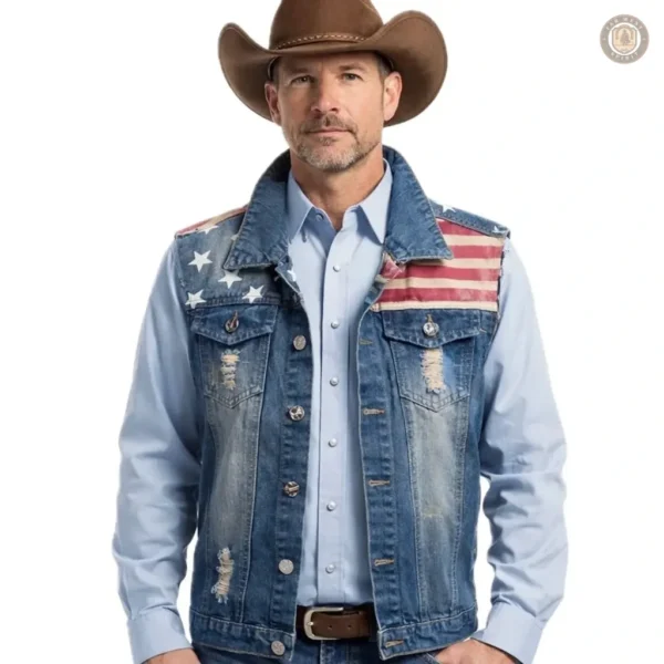 Veste en Jean Drapeau USA pour homme, style western